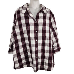 Foxcroft NYC Women Crinkle Shirt Button Purple White Check Plaid Size 18W Shaped